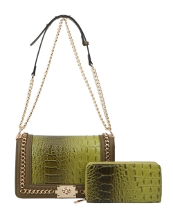 2in1 Croc Shoulder & Crossbody Bag with Wallet CY-8708W OLIVE